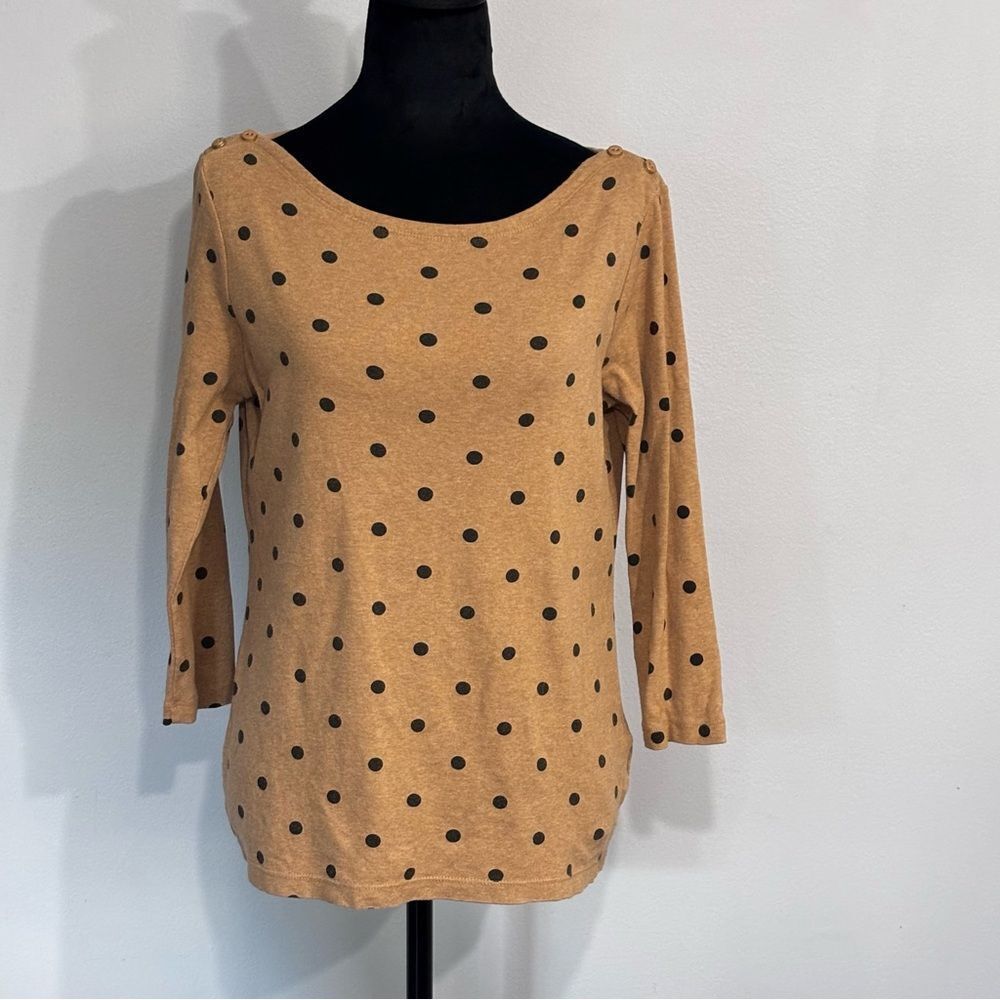 Lands' End | Women’s Tan Black Polka Dot Boat Neck Cotton Sweater Top Size S
